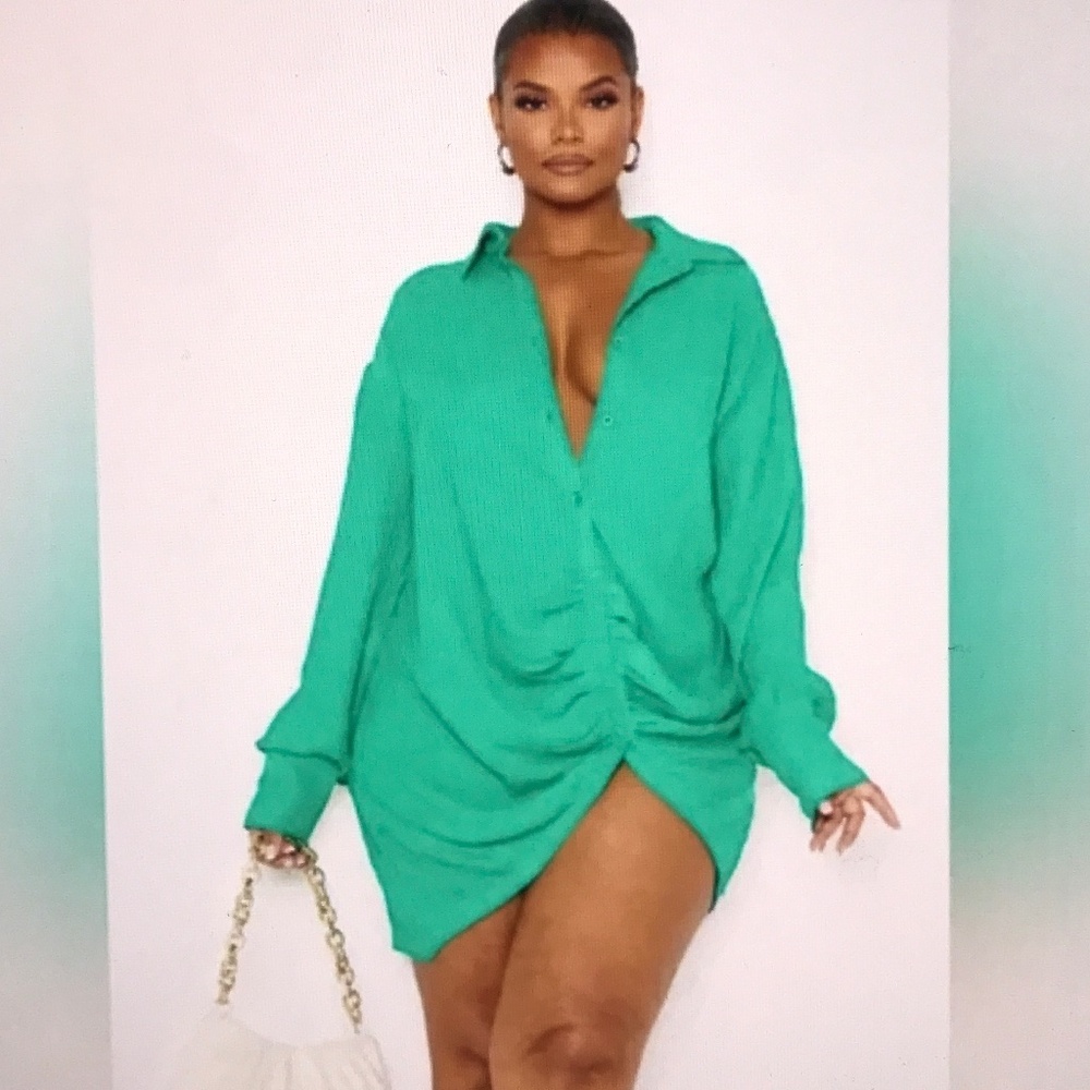 PrettyLittleThing Emerald Green Draped Shirt Mini Dress